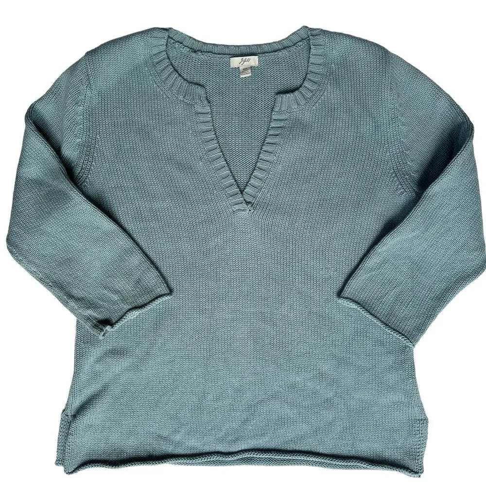 J.Jill‎ Blue V Neck Knit Sweater 3/4 Length Sleeves 100% Cotton Size Med Petite